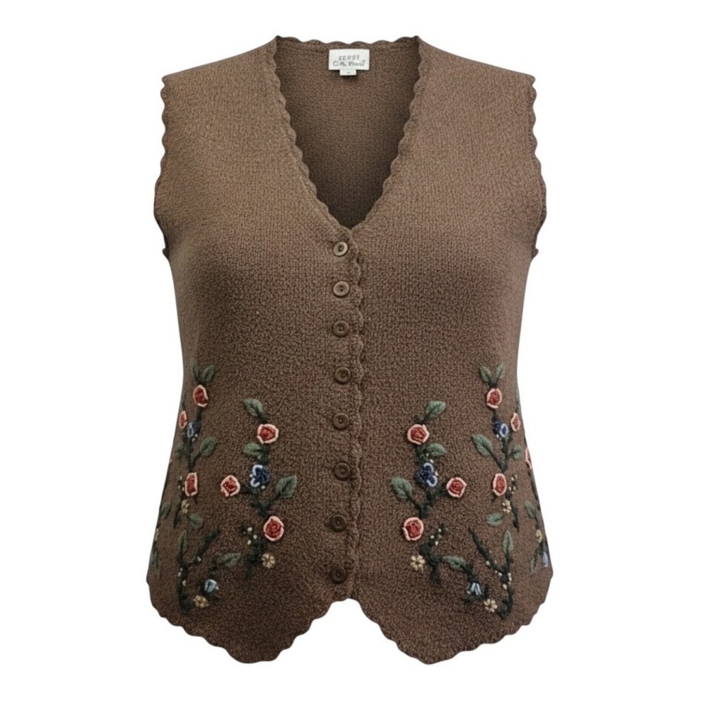 Vintage Koret City Blues Brown Floral Embroidered Knit Vest Scalloped XL 1315737